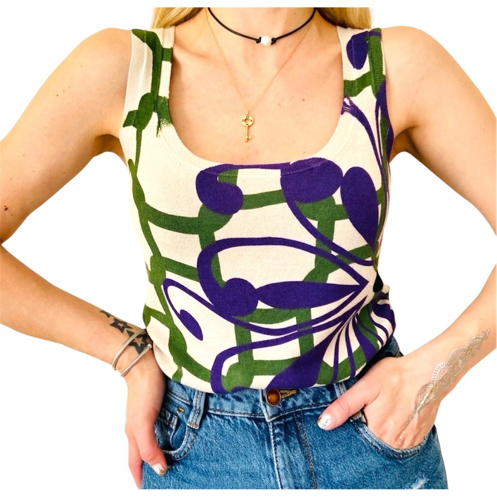 Vertigo Paris Knit Tank Top Purple Green Floral Artsy Scoop Neck Fairy Size Med
